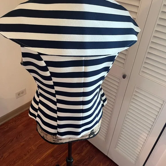 Gracia Navy and White Striped Peplum Top with Statement Collar - Picture 5 of 7